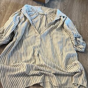 Max Studio Taupe and White Striped Peasant Tunic